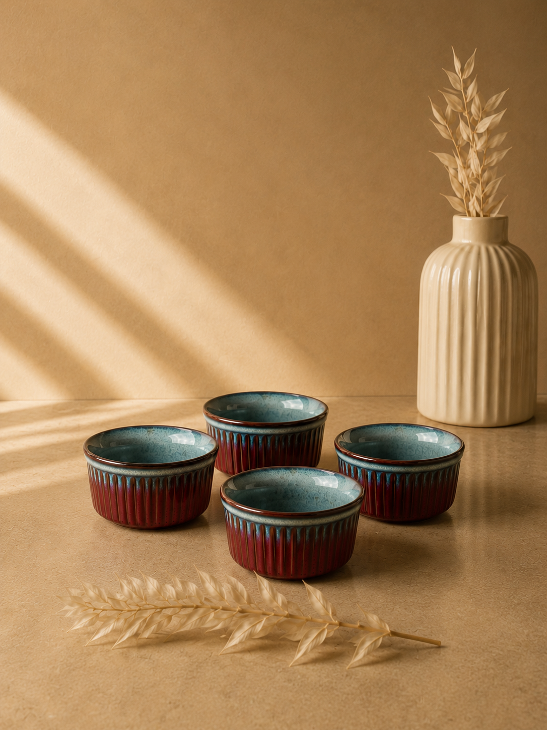 Yuvarlak Sufle Kabı 10 Cm Reaktif Kırmızı & Krem 4'lü Set | Porselen Fırın Kabı