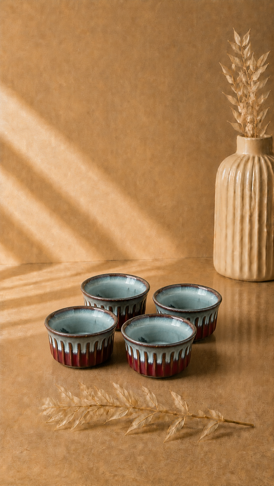 Yuvarlak Sufle Kabı 8,7 Cm Reaktif Kırmızı & Krem 4'lü Set | Porselen Fırın Kabı