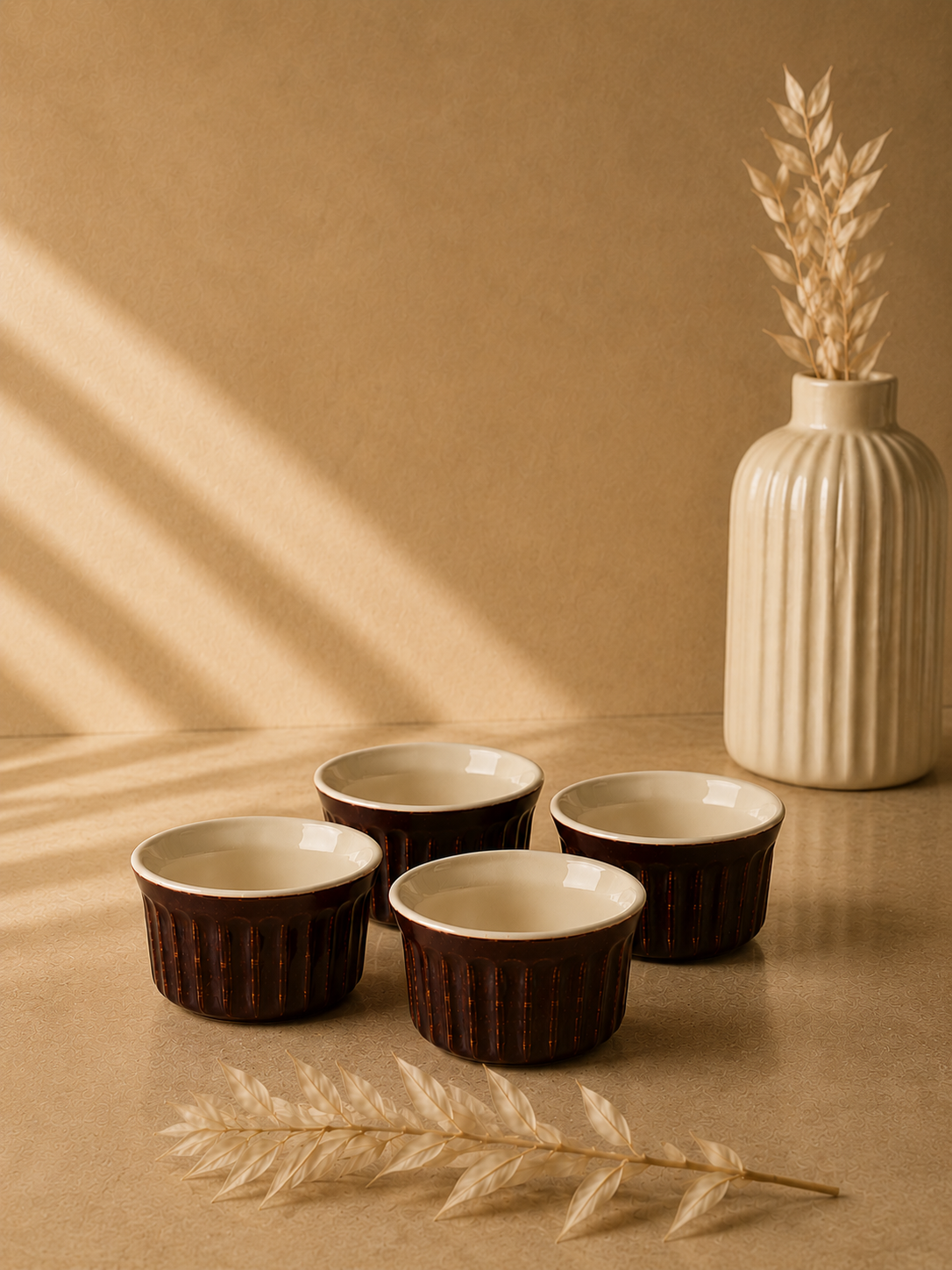 Yuvarlak Sufle Kabı 8,7 Cm Reaktif Krem & Kahverengi 4'lü Set | Porselen Fırın Kabı