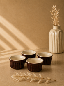 Yuvarlak Sufle Kabı 8,7 Cm Reaktif Krem & Kahverengi 4'lü Set | Porselen Fırın Kabı