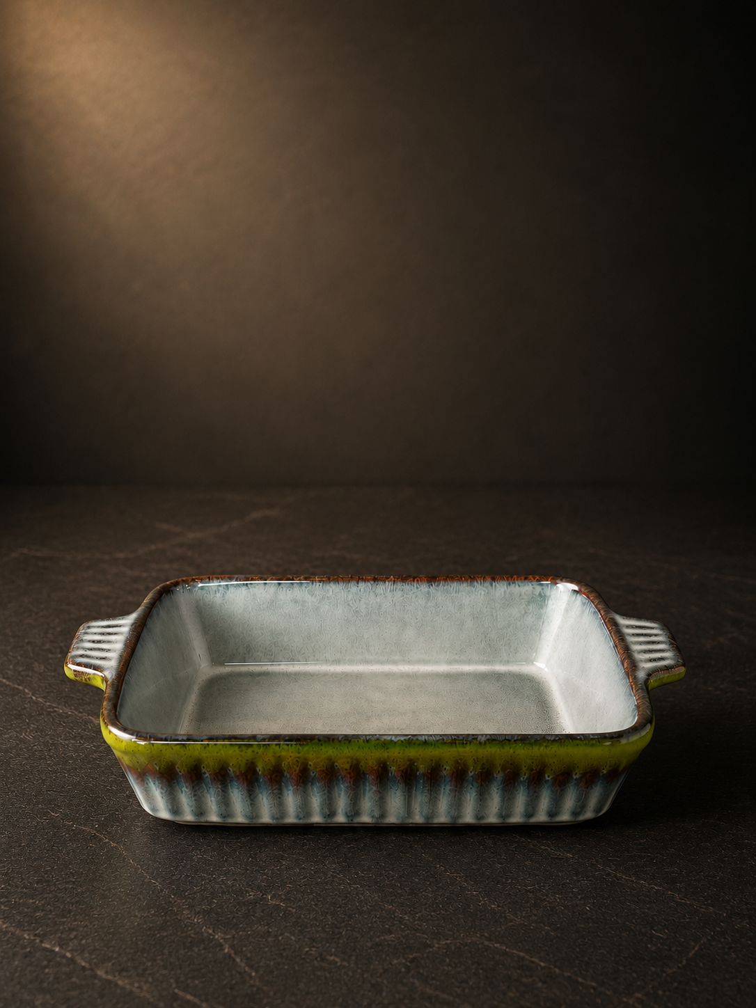 Kulplu Dikdörtgen Fırın Kabı 32 Cm Reaktif Yeşil& Beyaz