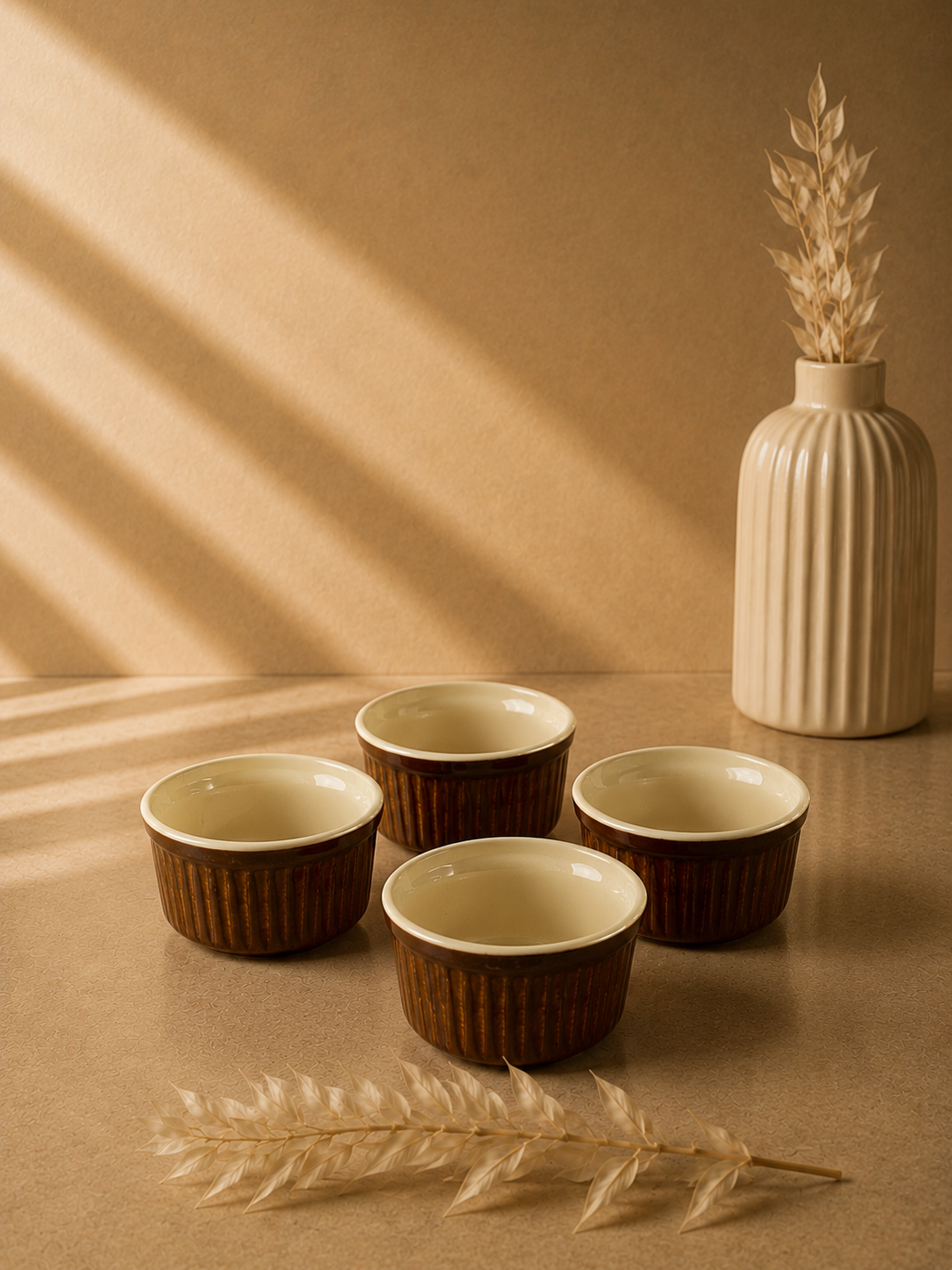 Yuvarlak Sufle Kabı 10 Cm Reaktif Krem & Kahverengi 4'lü Set | Porselen Fırın Kabı