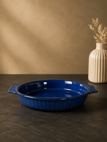 Kulplu Oval Fırın Kabı 35 Cm Reaktif Mavi