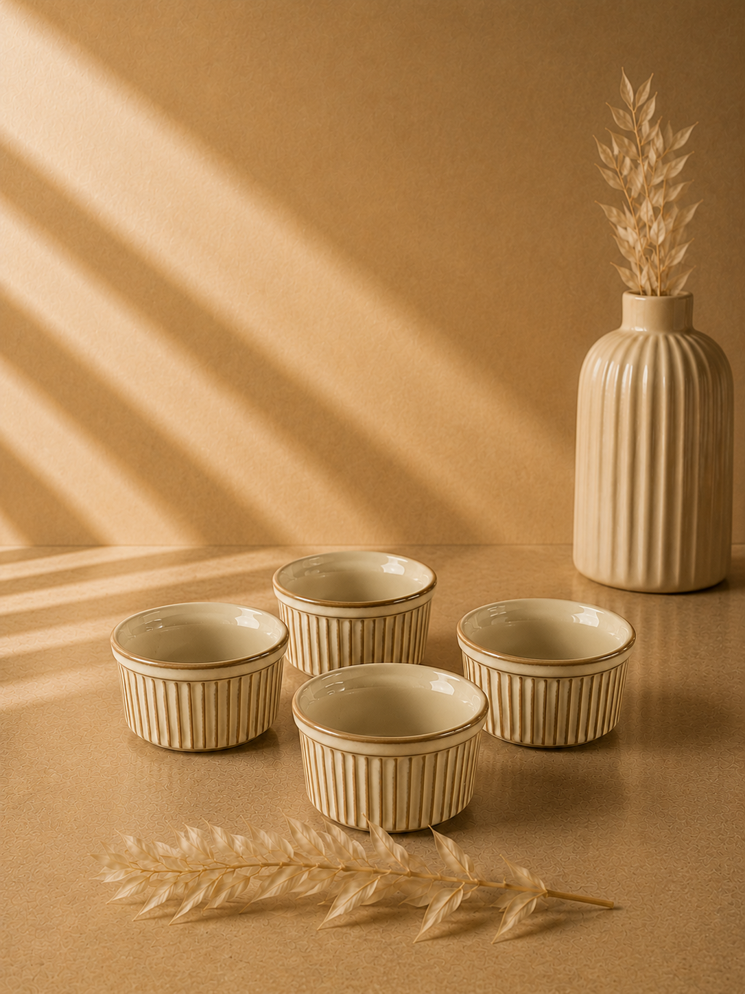 Yuvarlak Sufle Kabı 10 Cm Reaktif Krem 4'lü Set | Porselen Fırın Kabı
